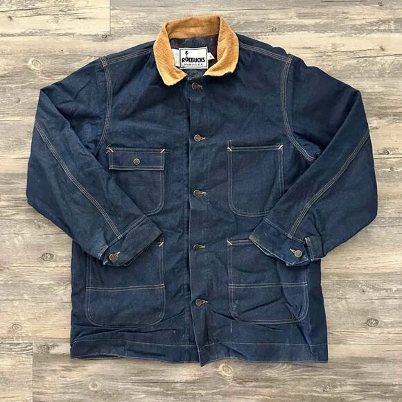 Vintage Roebucks Blanket Lined Denim Chore Coat Jacket Size Large Dark Wash - Picture 1 of 6